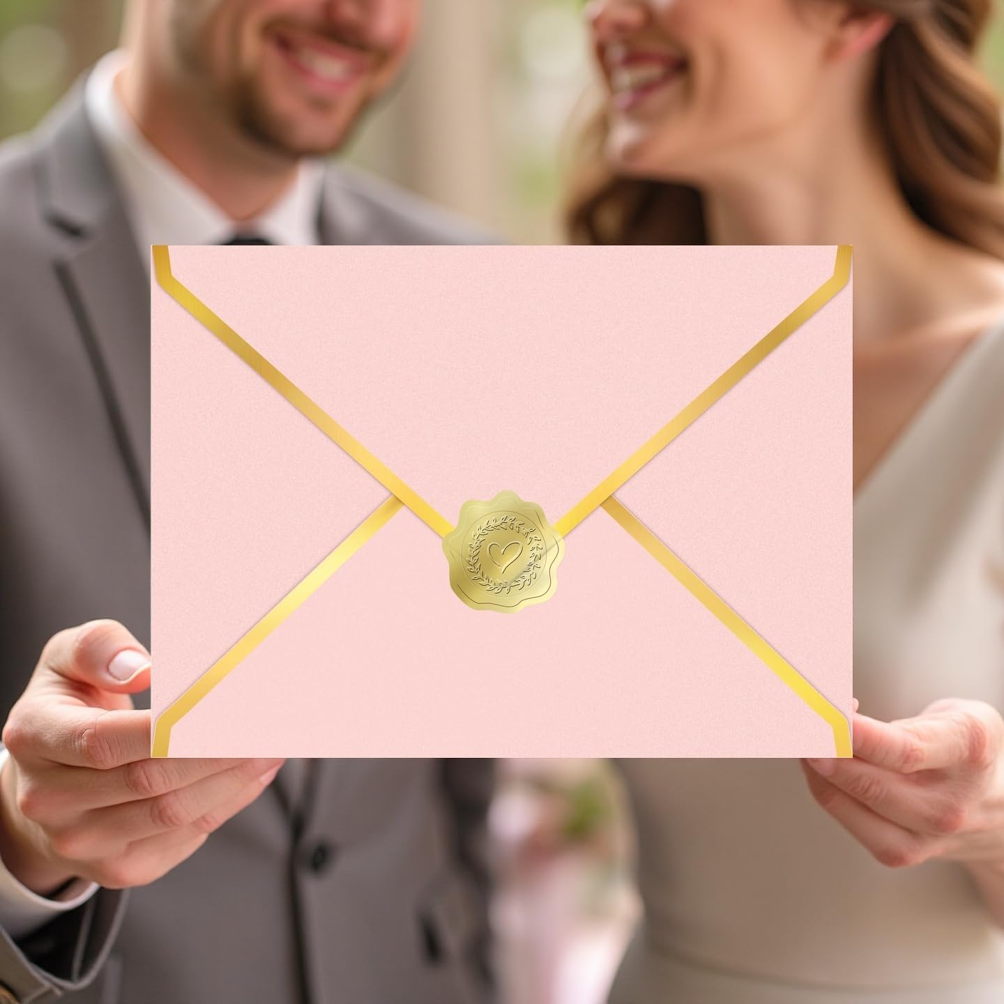 100 Pack 5x7 A7 Envelopes for Invitations, 250g Pearl Cardstock A6 4x6 Envelopes with Gold Foil V Flap, Mailing Envelope for Gift Card, Wedding, Baby Shower, Valentine's Day (Peach Pink)