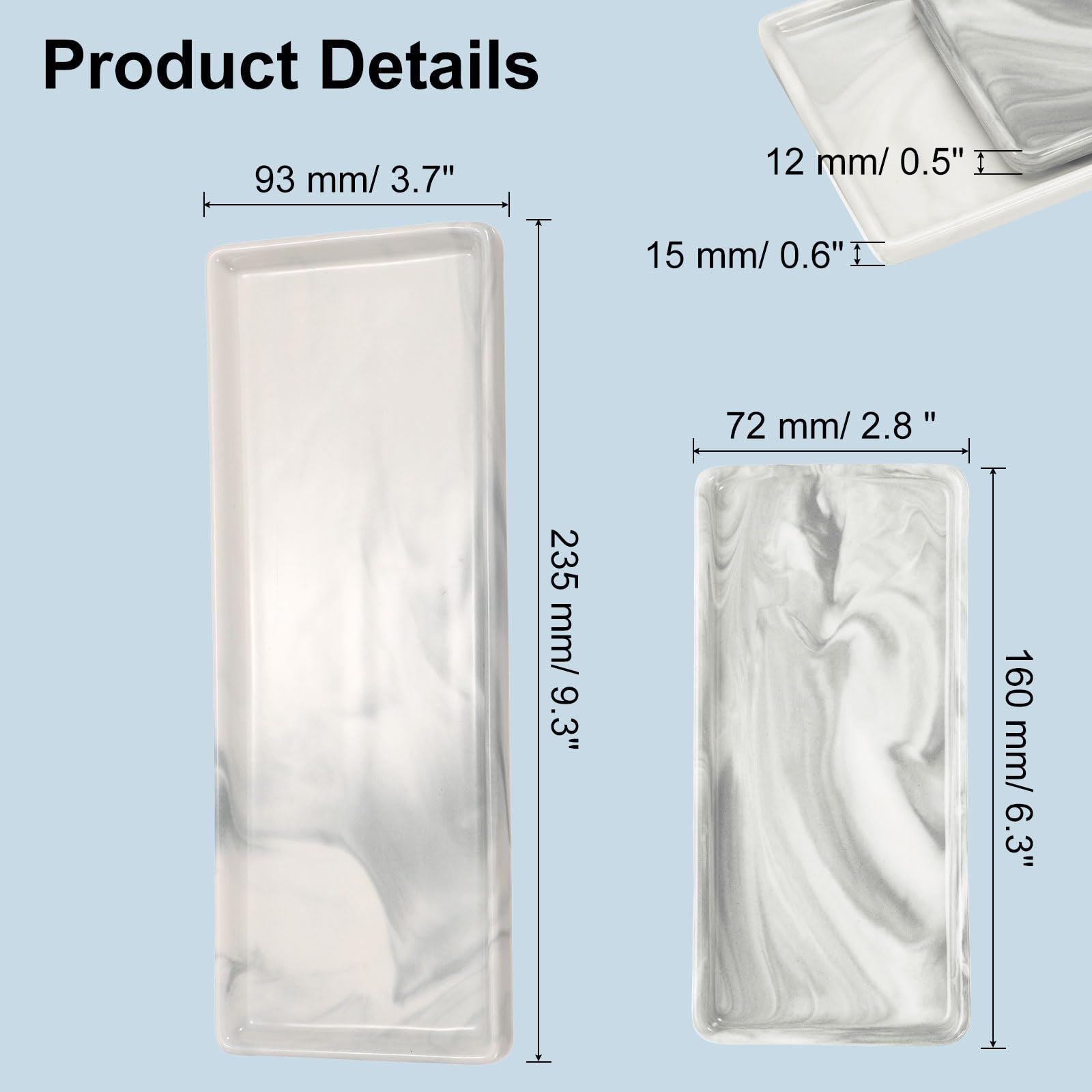 uxcell Lot de 2 plateaux en marbre pour salle de bain - 2 tailles - Petit plateau rectangulaire en céramique pour comptoir, salle de bain, savon, évier de cuisine - Plateau à bijoux - Gris