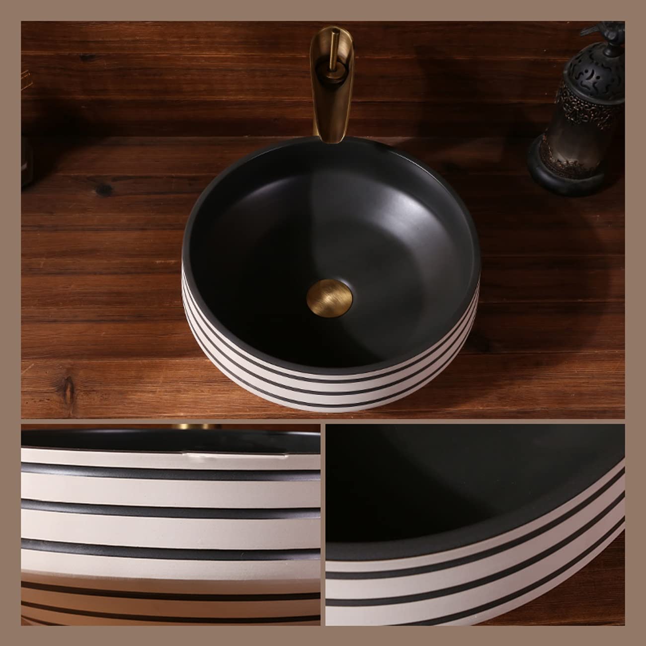 Porcelanowa Umywalka Nablatowa, Okrągła Artystyczna Umywalka Łazienkowa, Czarno-Biała Umywalka Ceramiczna Nablatowa Z Kranem I Odpływem