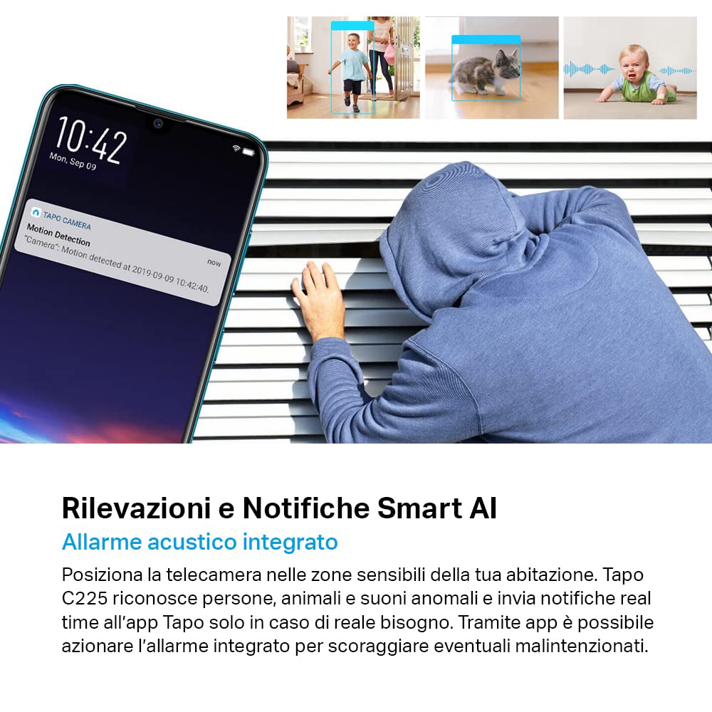 Tapo C225 Telecamera WiFi Interno di Sicurezza Domestica Pan/Tilt AI, 2K QHD, Sorveglianza, Visione Notturna, Rilevamento del Movimento, Sensore di Luce Stellare, Compatibile con Alexa