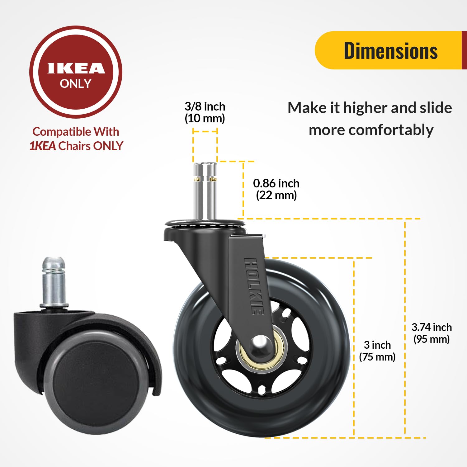 HOLKIE Office Chair Casters Wheels Black 10x22mm 3 Inch Fit 1KEA ONLY Black Castors Replacement for Carpet and Hardwood Floor Rubber Swivel Roller Blade Gaming Chair Wheels Set of 5 - Image 2