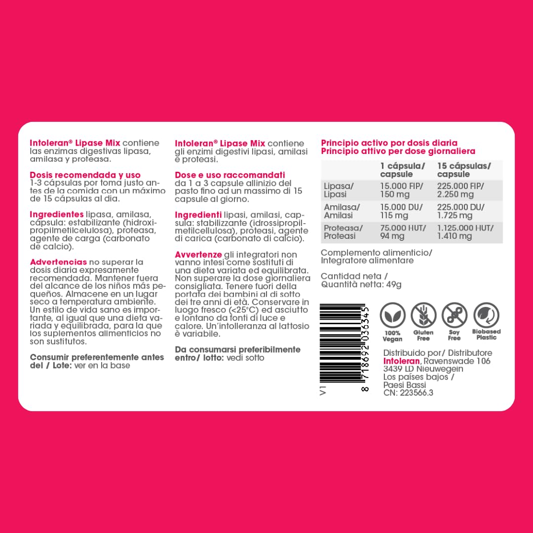 Intoleran Lipase Mix Enzimas Digestivas - 108 cápsulas | Favorece la digestión de las grasas, puro, vegano y sin gluten