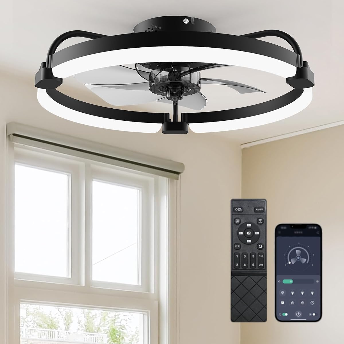 Ensenior 20 Inch Flush Mount Ceiling Fans with Lights, APP Control, Black | Quiet Reversible Motor, Night Light Mode, 6 Speeds, 3CCT, Dimmable, Low Profile, Remote, Memory Function, Timer, Bedroom