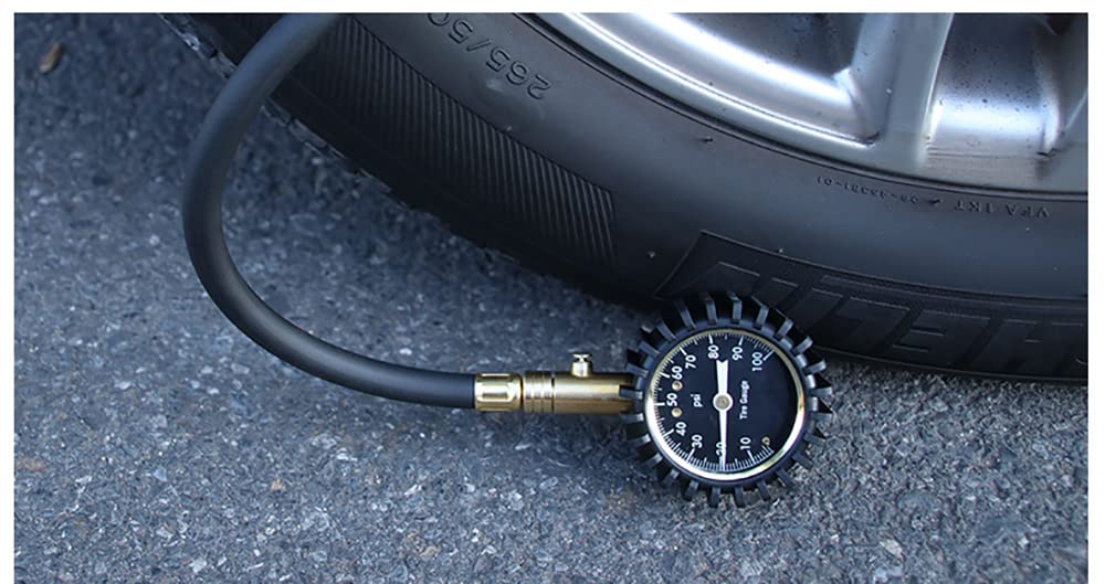 Manometro per Pneumatici, contatore di Pressione Portatile puntatore, Tubo in Gomma Resistente e Struttura in Ottone Massiccio, Adatto per Auto, Camion e motocicli (Oro)