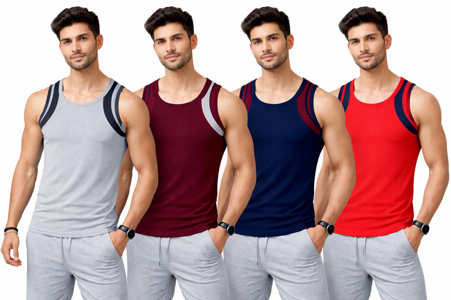 fashwave Men’s Cotton Gym Vest (Pack of 4) | Soft & Breathable | Sweat-Absorbent Inner Vest for Workout Sleeveless Round Neck | Sizes 80–100-picture-28