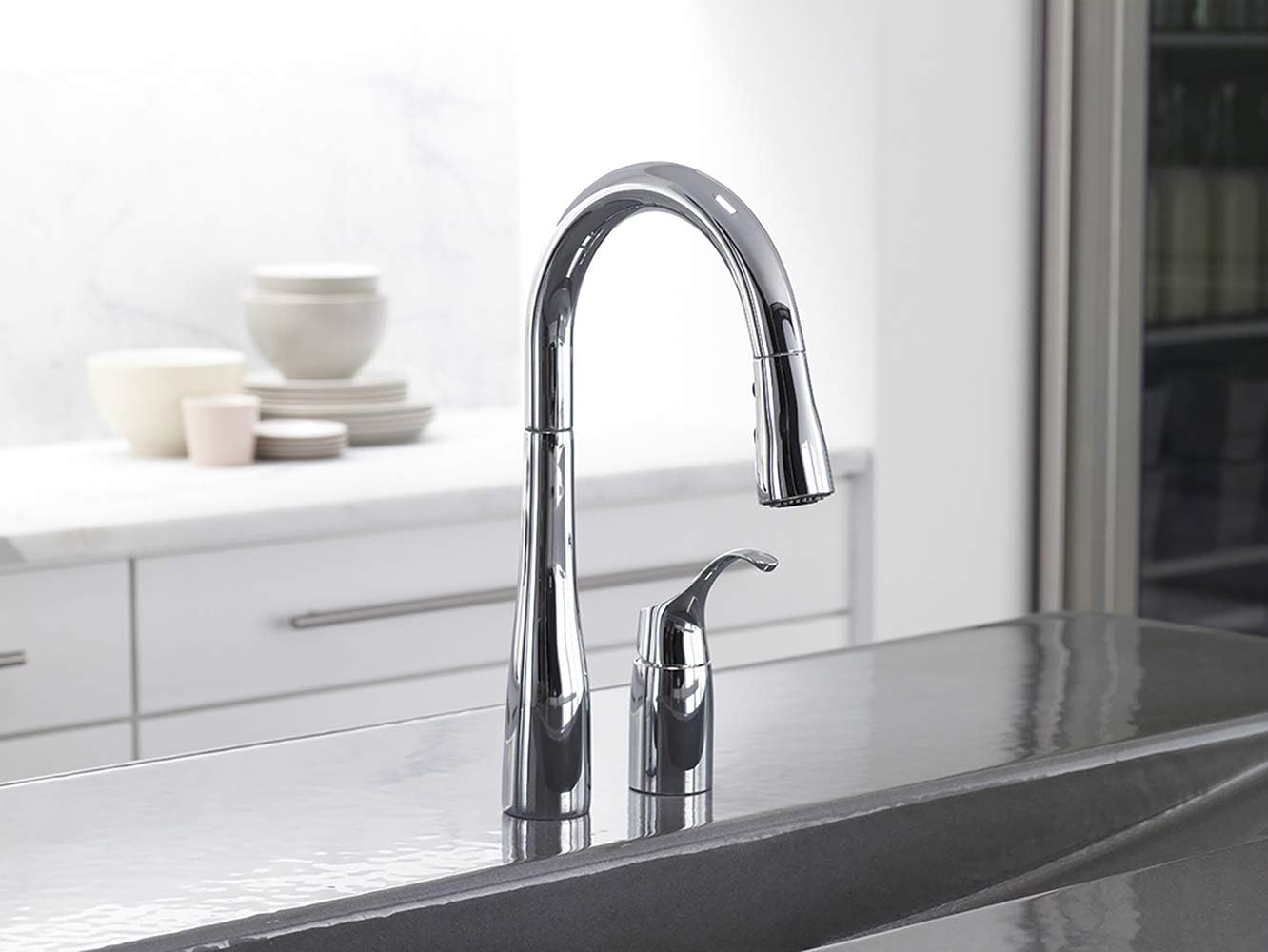KOHLER 649-CP Simplice Pull Down Kitchen Faucet, 2-Spray Faucet, Kitchen Sink Faucet with Pull Down Sprayer, Polished Chrome