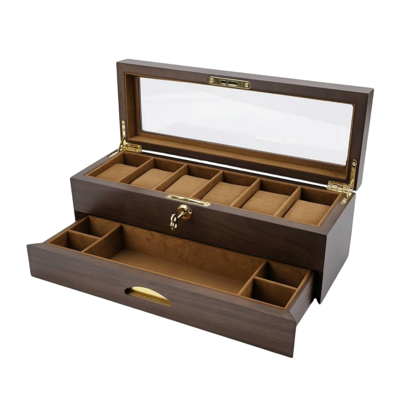 Organizador Relojes con Tapa Cristal Compacto Joyero con Cierre Cómodo Organizadora Joyas Tapa Cristal para, Caja De 6 Relojes De Doble Capa Con Cajón, Acabado En Nogal Negro