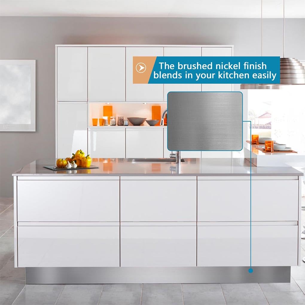 Placa de protección autoadhesiva para una fácil instalación en islas de cocina, armarios, placa protección acero inoxidable, tornillos y zócalo, A, 10 x 260 cm