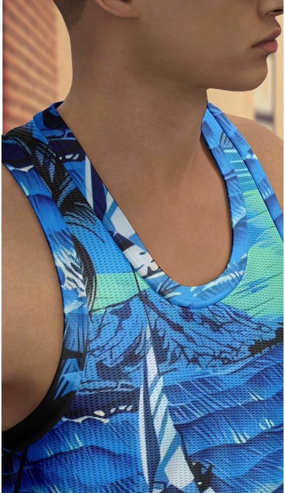 AMOMA Men's Round Neck Tank Top Casual Summer Beach Hawaiian Vacation Sleeveless Sport Shirt(XXL,BlueSurf) - Image 3