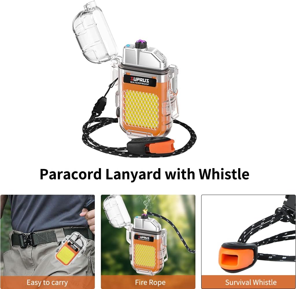 SUPRUS Waterproof 3 Modes of Flashlight Windproof Lighter Dual Arc Electric Rechargeable Dual Arc Plasma Lighter with Survival Emergency Whistle and Lanyard (Orange, 2Packs)