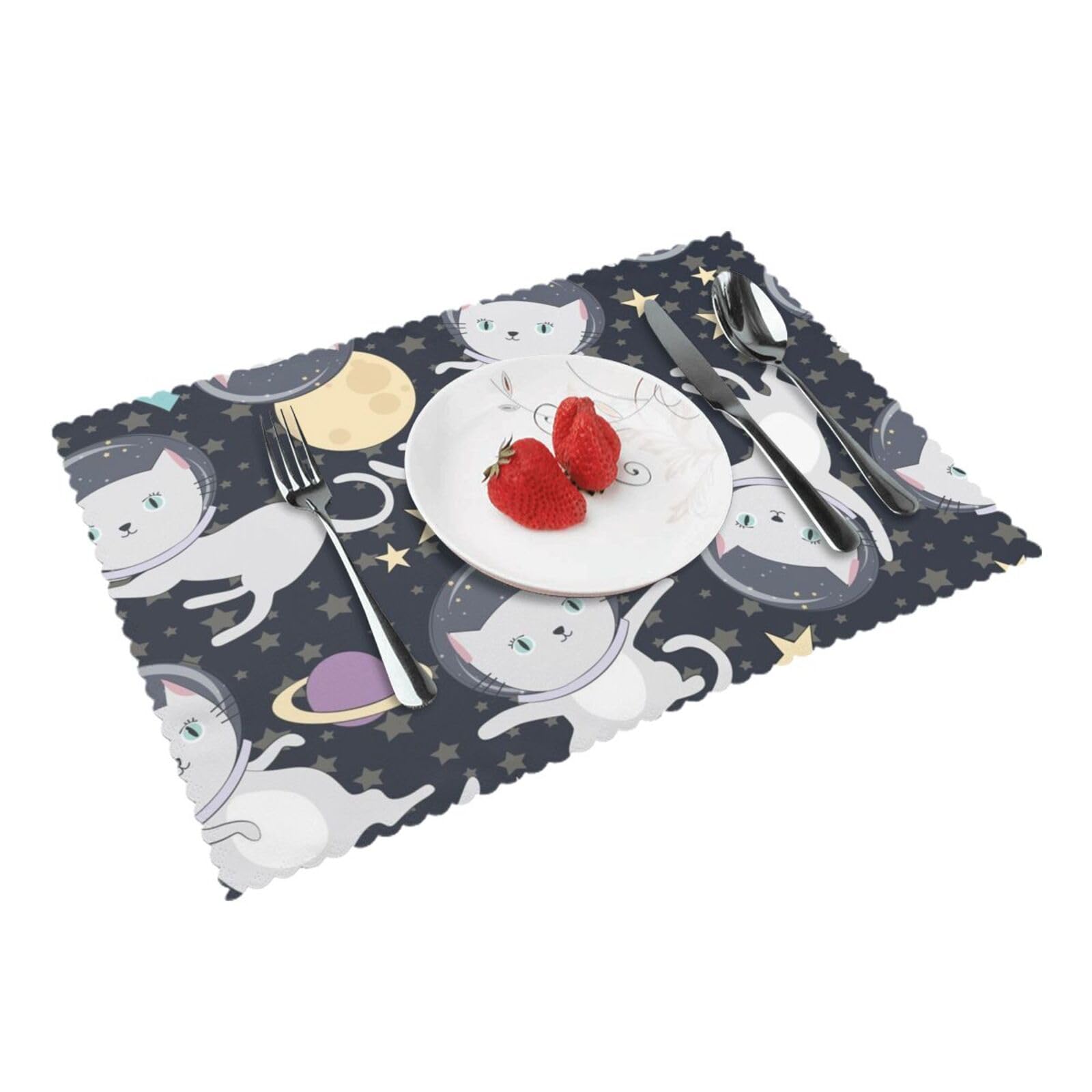 Bnvsadc Fun Cat Astronaut 4 Pcs Heat Resistant Placemat 45X30 Cm, Printed Non-Slip Place Mats For Kitchen Dining Table Indoor Outdoor