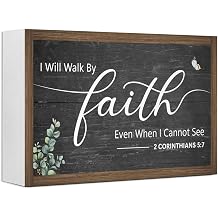 I Will Walk By Faith Wooden Box Sign Decor,2 Corinthians 57 Scripture Religious 10.3x6 Inches Wood Block Prayer Sign for Christian Home Office Shelf Wall Decor