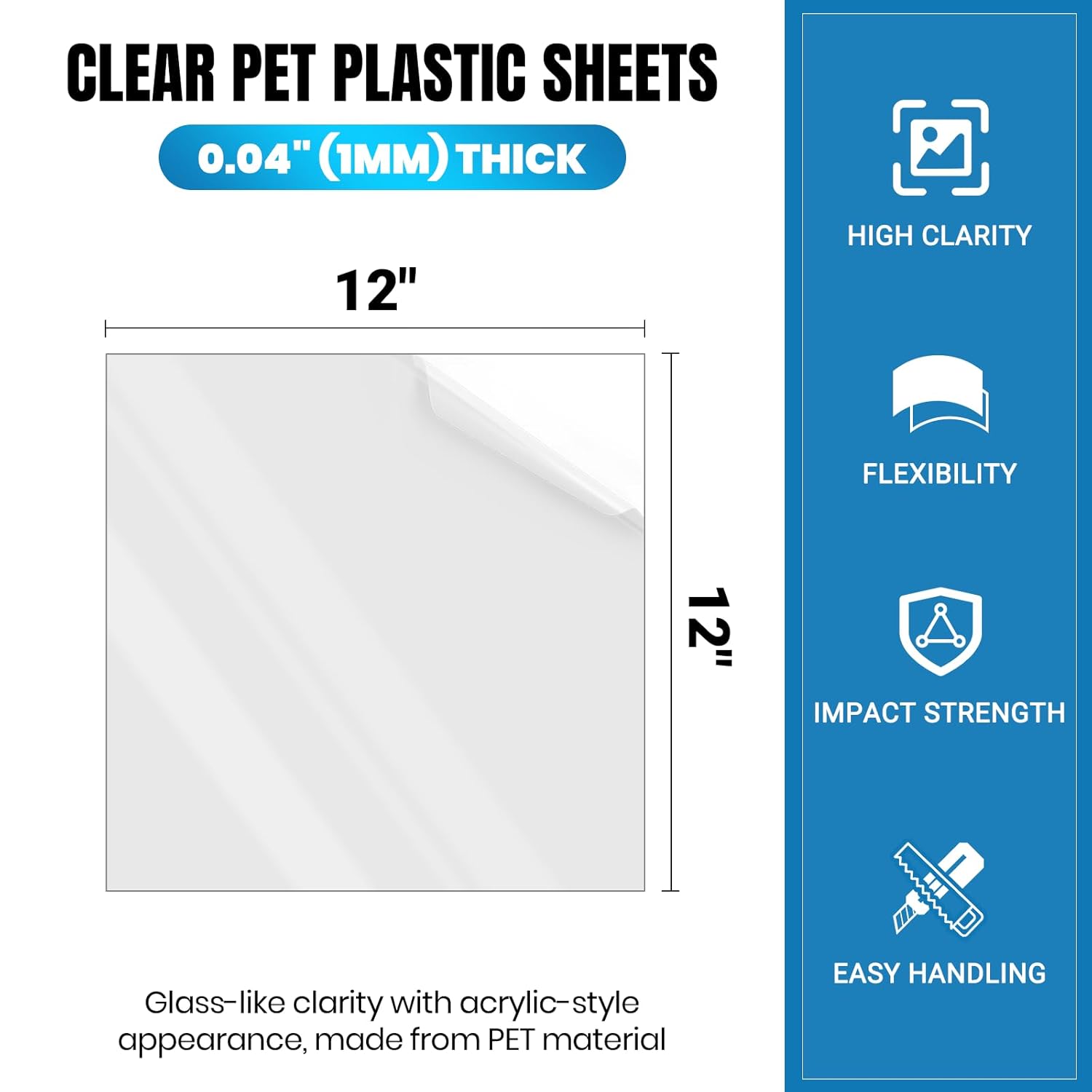 10 Pack of 12x12” PET Sheet/Plexiglass Panels 0.04” Thick; Use for Crafting Projects, Picture Frames, Cricut Cutting and More; Protective Film to Ensure Scratch and Damage Free Sheets 12x12", 0.04"(1mm)Thick 10