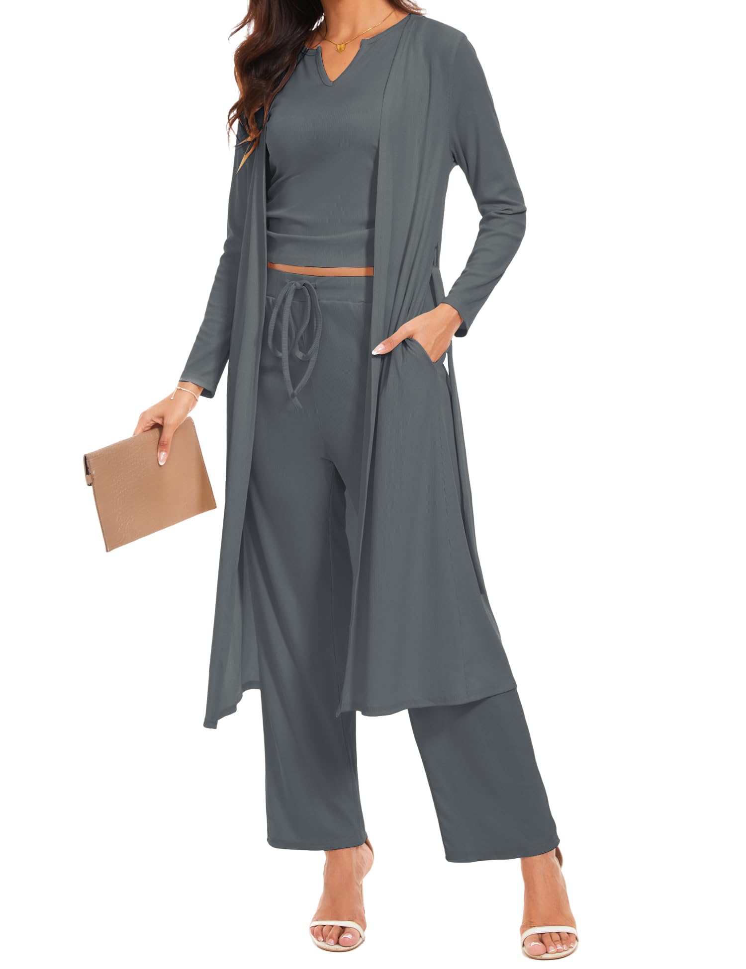 HANERDUN Damen Schlafanzug Kurz 3-teiliges Pyjama Set Offene Strickjacke mit Taschen Cami und Shorts Nachtwäsche mit Gürtel Robe Set