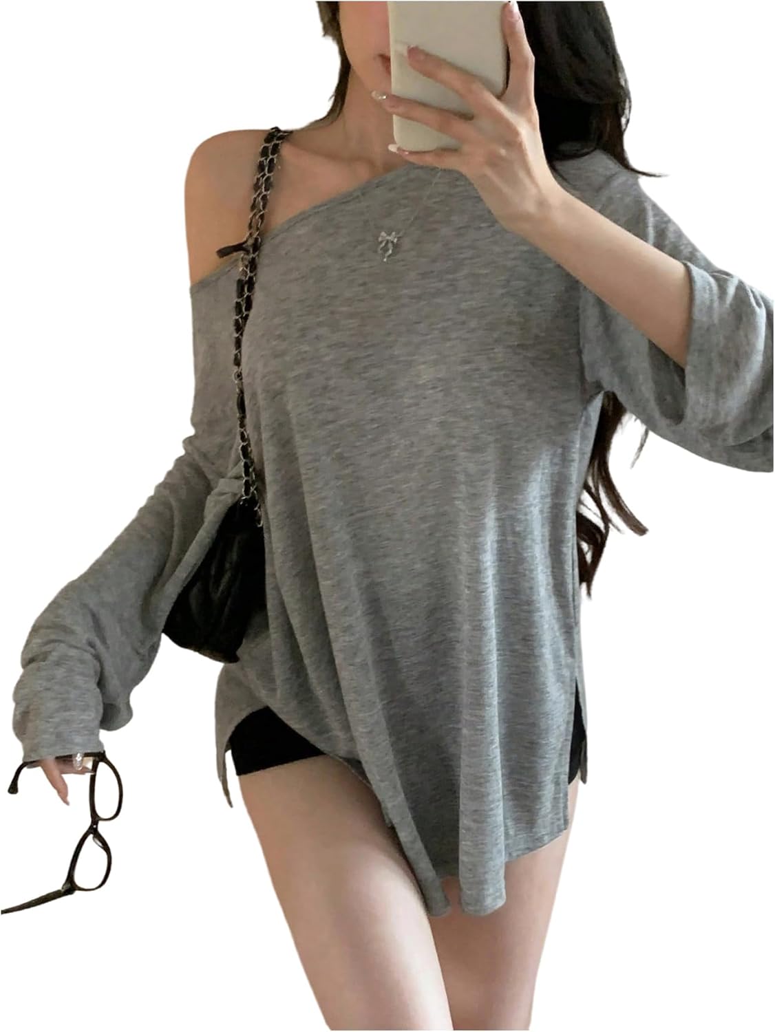 SweatyRocks Women's Oversized Off The Shoulder Tops Long Sleeve Summer Casual Split T Shirts