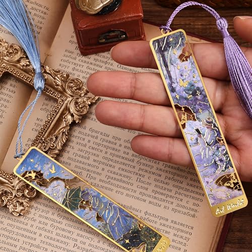 12 Pieces Metal Bookmarks with Tassel, Golden Hollow Bookmark Oil Painting Theme Girl Book Mark Bookmarks for Book Lovers Writers Readers Children Teens Men Women Adults