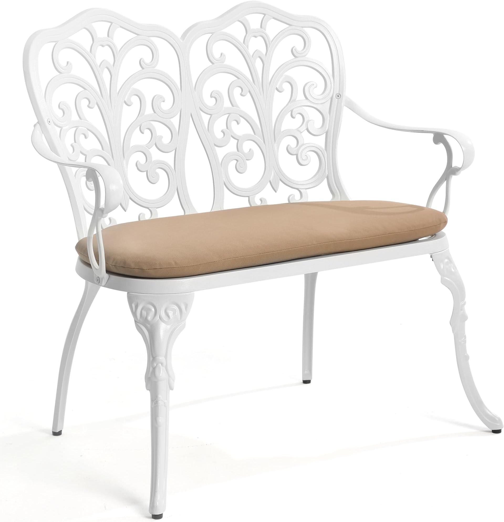 Outdoor Bench with Cushion - Patio Garden Benches Metal Loveseat Butterfly Cast-Aluminum Outside Furniture for Park Lawn Front Porch White