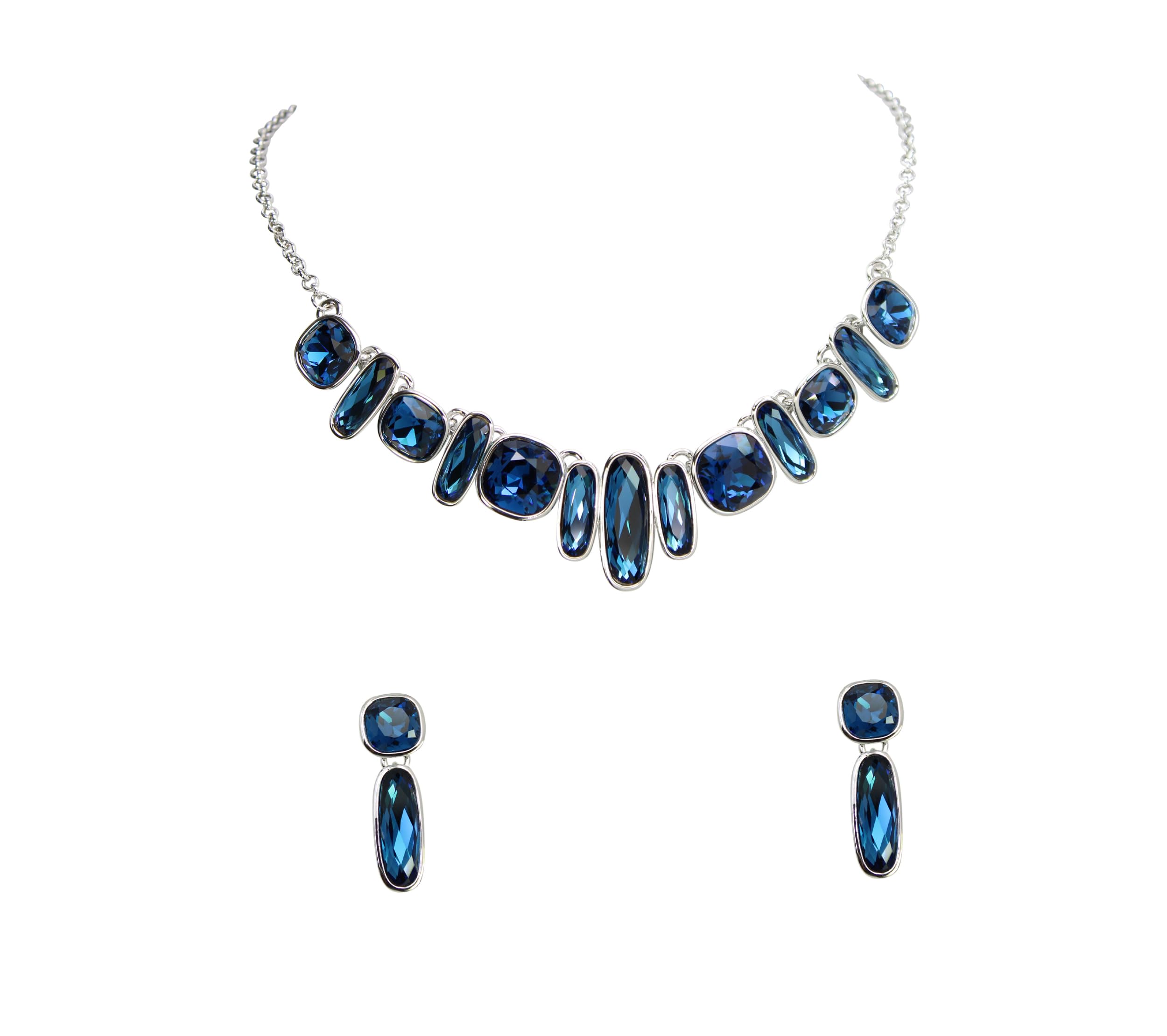 Faship Gorgeous Rectangle Square Rhinestone Crystal Floral Statement Necklace Earrings Set