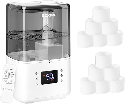 BOXING Warm and Cool Mist Humidifiers for Bedroom Large Room Home with Remote, 12-Pack Top Fill Humidifier Replacement Filters, Capture Particles to Improve Humidification Efficiency