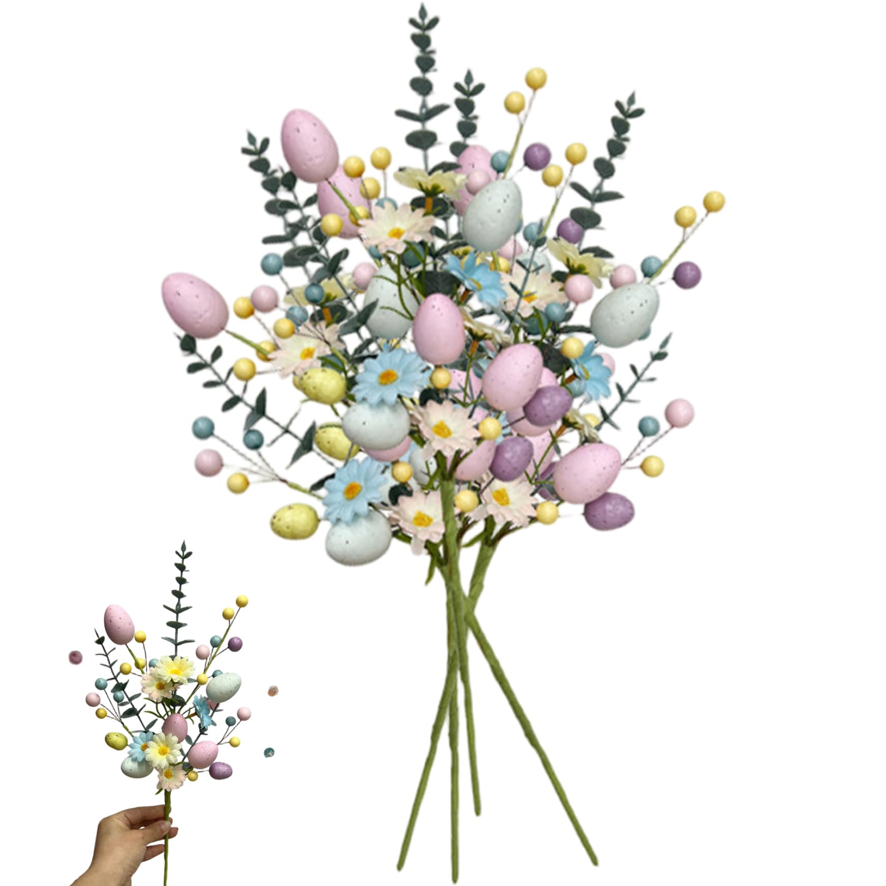 Grsrkep 3Pcs Easter Picks, Colorful Easter Floral Picks With Eggs And Berries Decorative Egg Branches For Home Party Vase Floral Arrangement Centerpiece