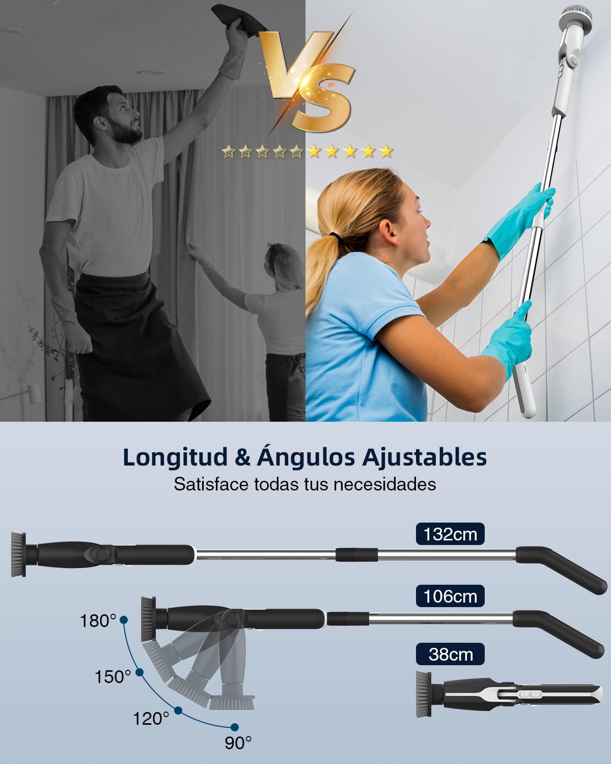 Leebein Cepillo Eléctrico Limpieza Hogar, 2026 Fregadora Giratoria Eléctrica con 8 Cepillo Reemplazables, Control Remoto, 2 Velocidades de Rotación y Mango Ajustable 38-132CM para Baño/Cocina/Coche