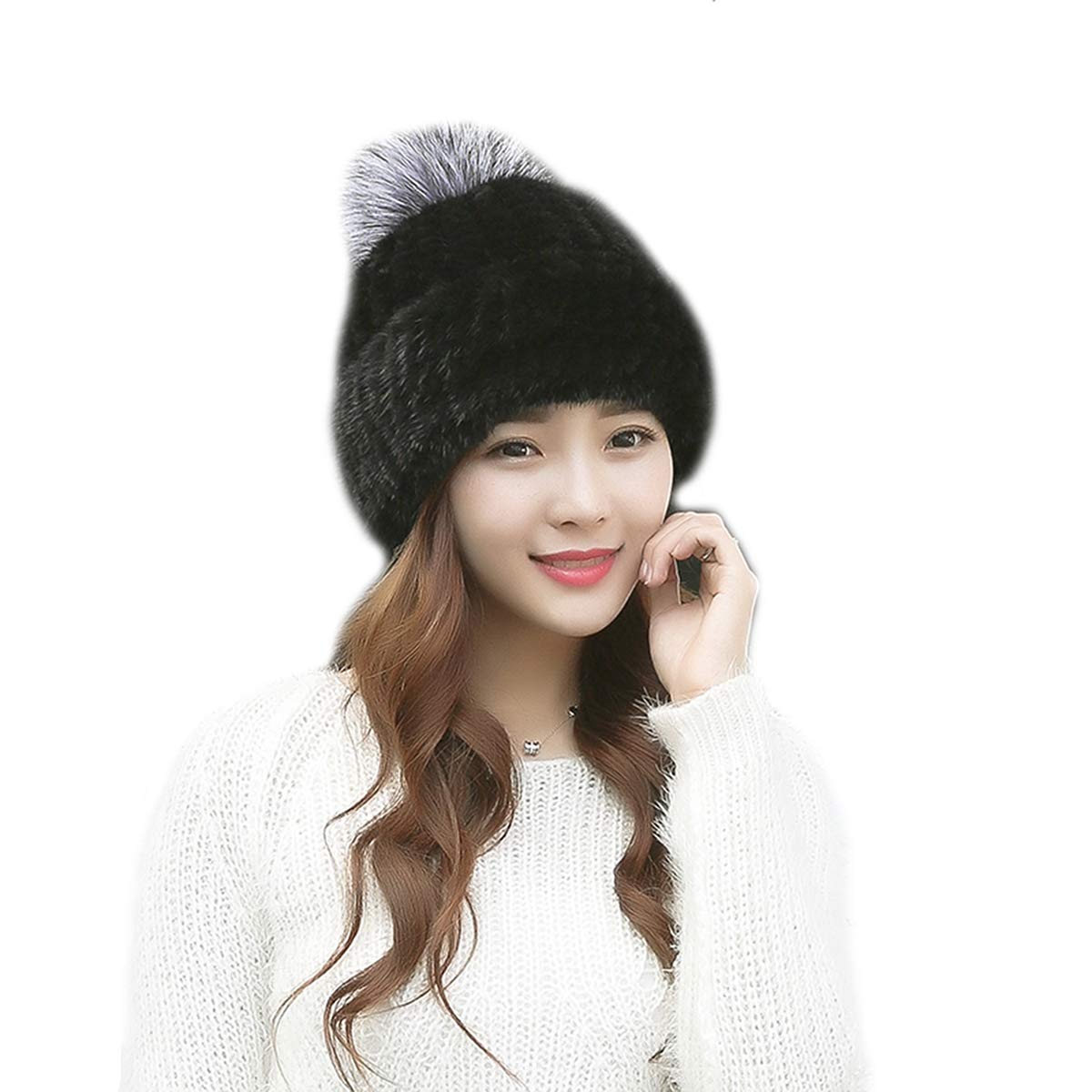 XUYUZUAUWomen's Real Mink Hair Hat with Real Fox Hair Pompom Winter Warm Knitted Cap