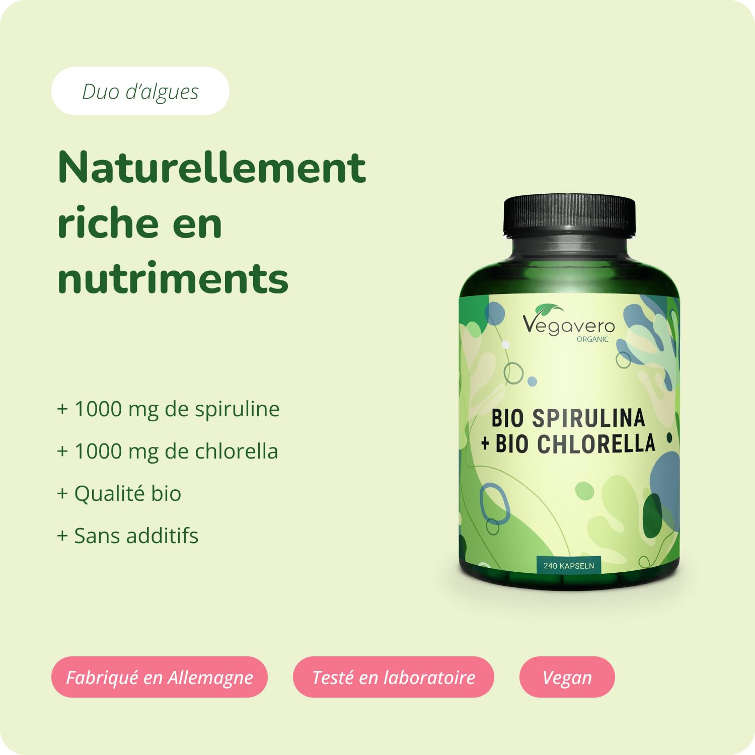 Spiruline + Chlorella BIO Vegavero® | Dose Élevée : 2000 mg | Detox + Antioxydant | GREEN SUPERFOOD 100% Naturel | Source de Vitamines, Minéraux, Protéines | VEGAN | 240 Gélules