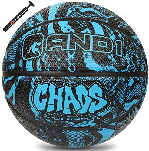 AND1 Chaos Basketball & Pump (Jungle Series)- Official Size 7 (29.5”) Streetball, Made for Indoor and Outdoor Basketball Games (Blue/Black)