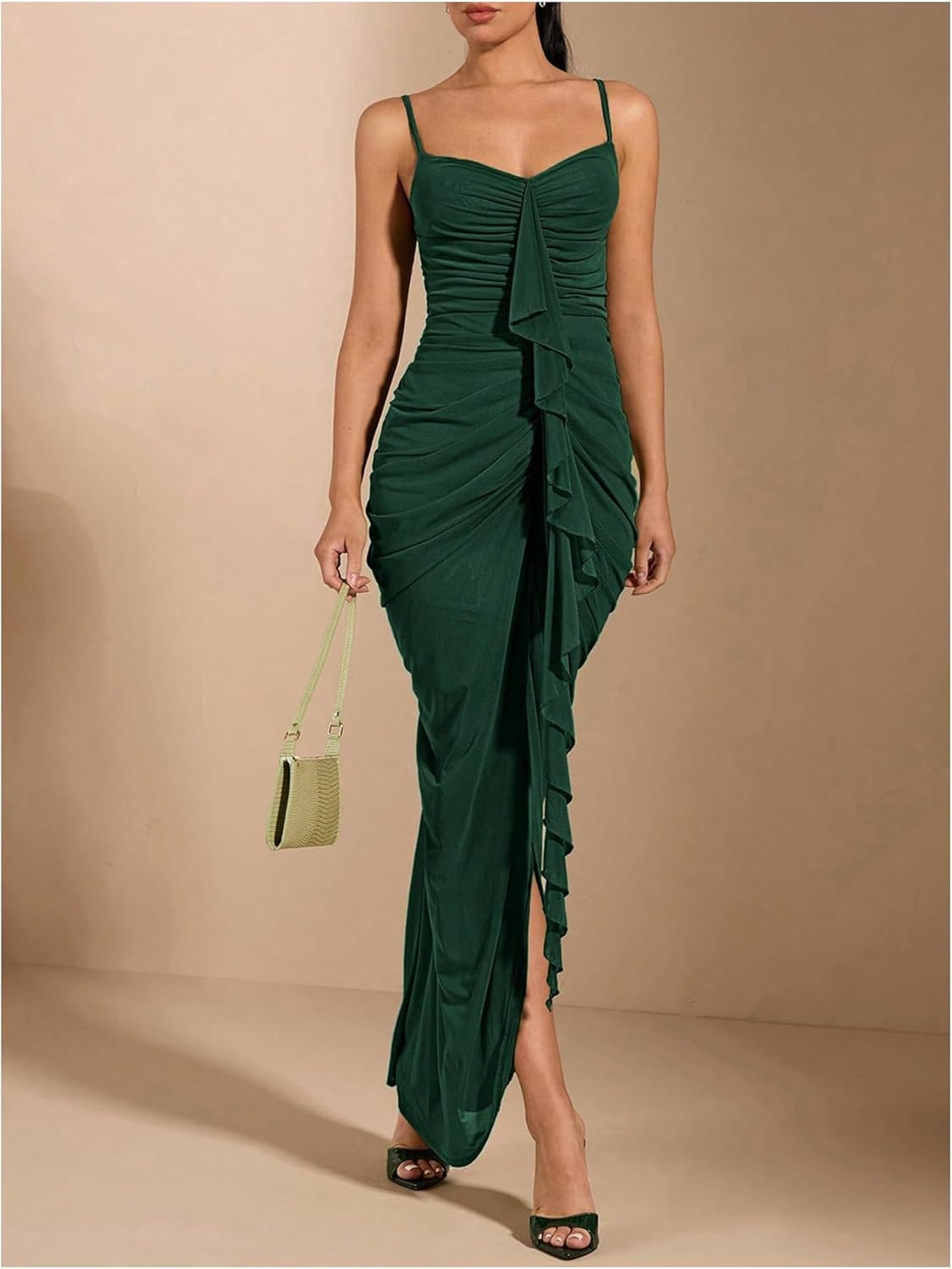 Floerns Women's Ruffle Ruched Cami Dress Draped Split Elegant Bodycon Maxi Dresses - Image 5