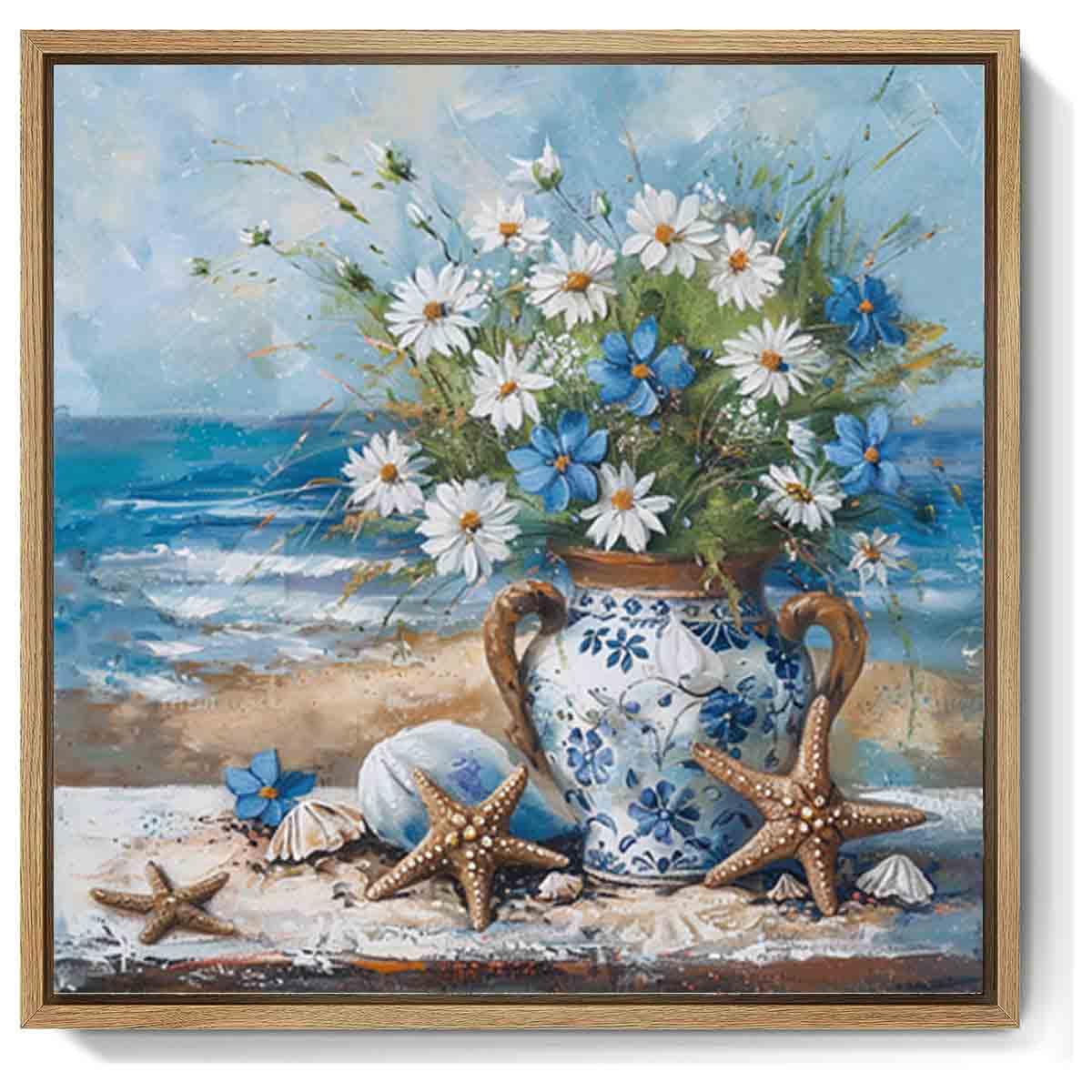 Blue Beach Pictures Seascape Abstract Beach Picture Flowers In A Vase Painting Abstract Beach Abstract Coastal Canvas Wall Art Seascape Prints Abstract Beach Artwork For Walls Decor 16x16inch No Frame