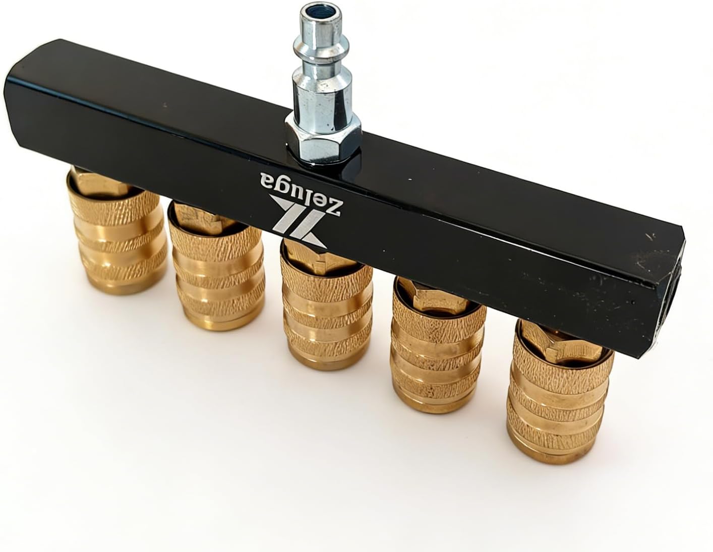 Zeluga 22-140 5-Way Air Manifold with 1/4" NPT Quick Connect Coupler, Industrial Pneumatic Air Splitter, Heavy Duty Aluminum Air Hose Connector with Brass 5-Way Fitting for Air Compressor Accessories