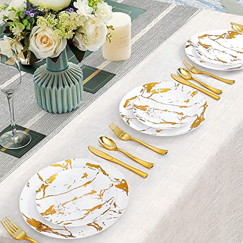 Bayzz 175Pcs Plastic Dinnerware Set, 50 White And Gold Plastic Plates With Marbling Design, 25 Gold Plastic Silverware, 25 Gold Cups, 25 Napkins, 25 Guest Disposable Dinnerware Set For Wedding, Party #TOP6
