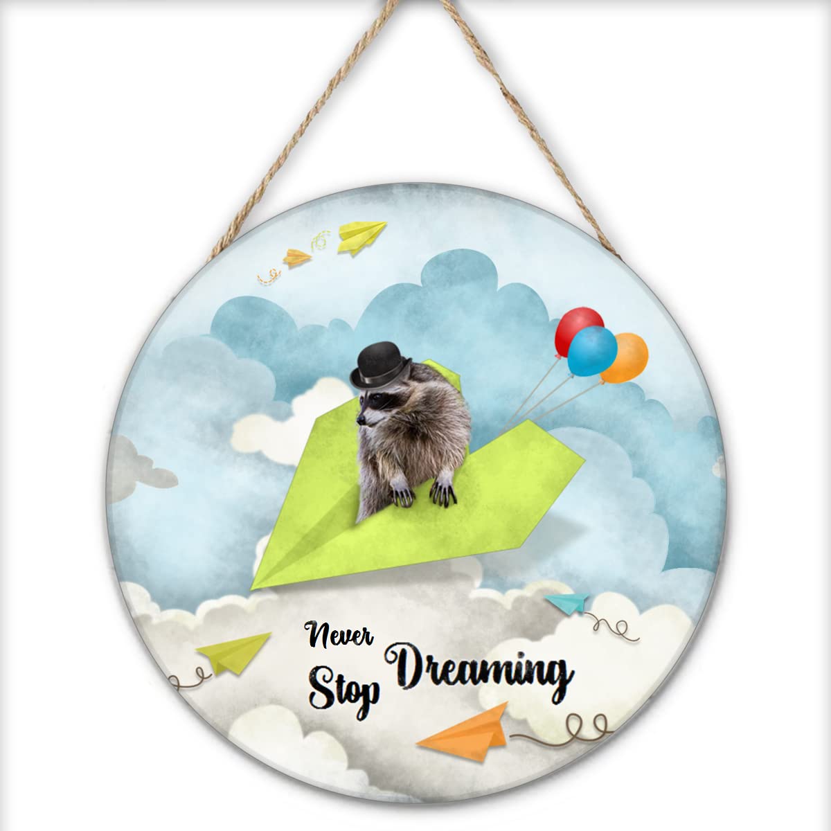Finamille Inspirational Wall Art -Never Stop Dreaming,Raccoon Shabby Chic Round Sign for Kid's Bedroom Classroom Nursery 12x12 Inches Wooden Door Hanger