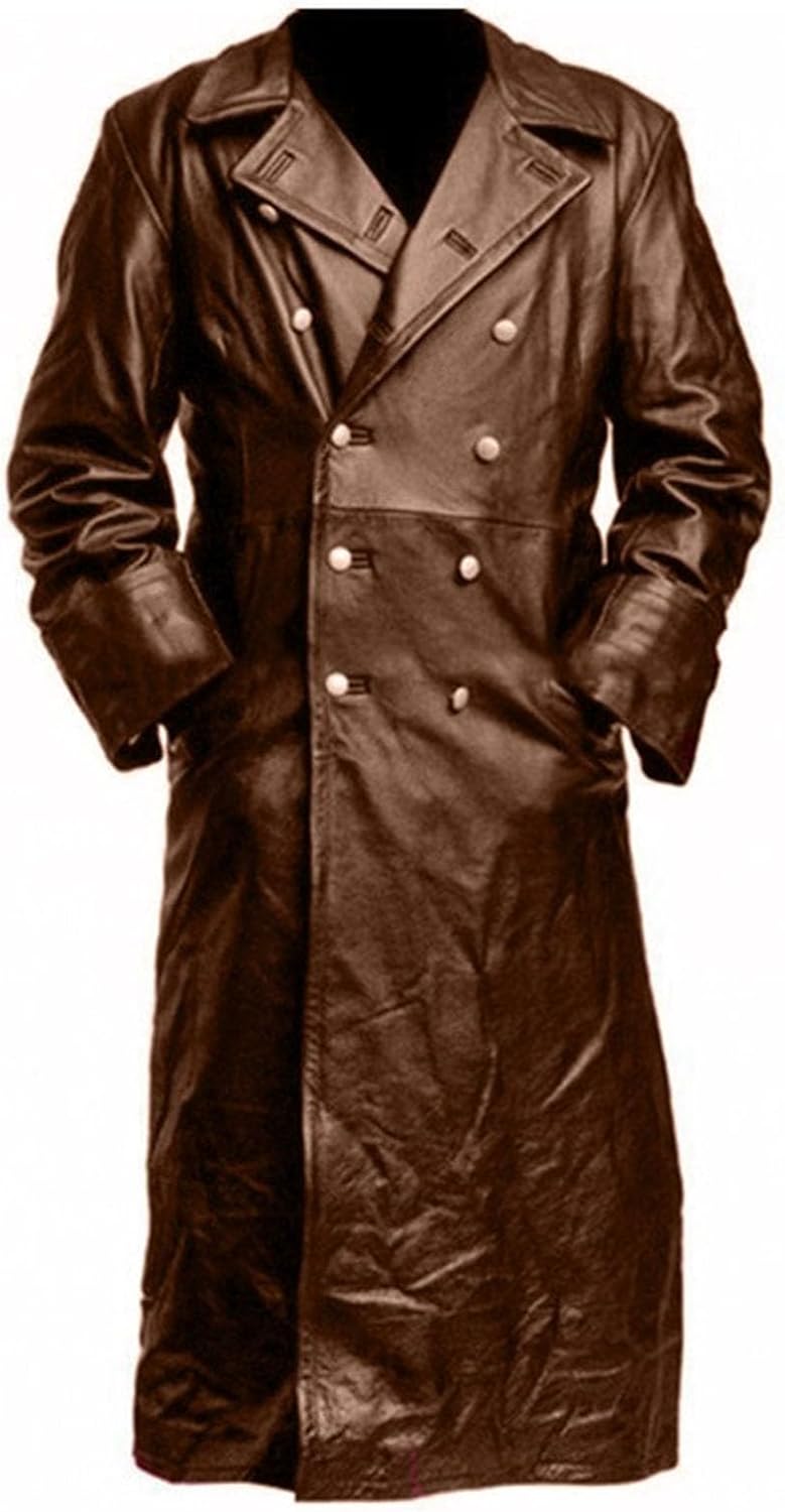 Maiyifu-GJ Mens Faux Leather Trench Coat Long Overcoat Full Length Fashion Vintage Open Front Cardigan Jacket