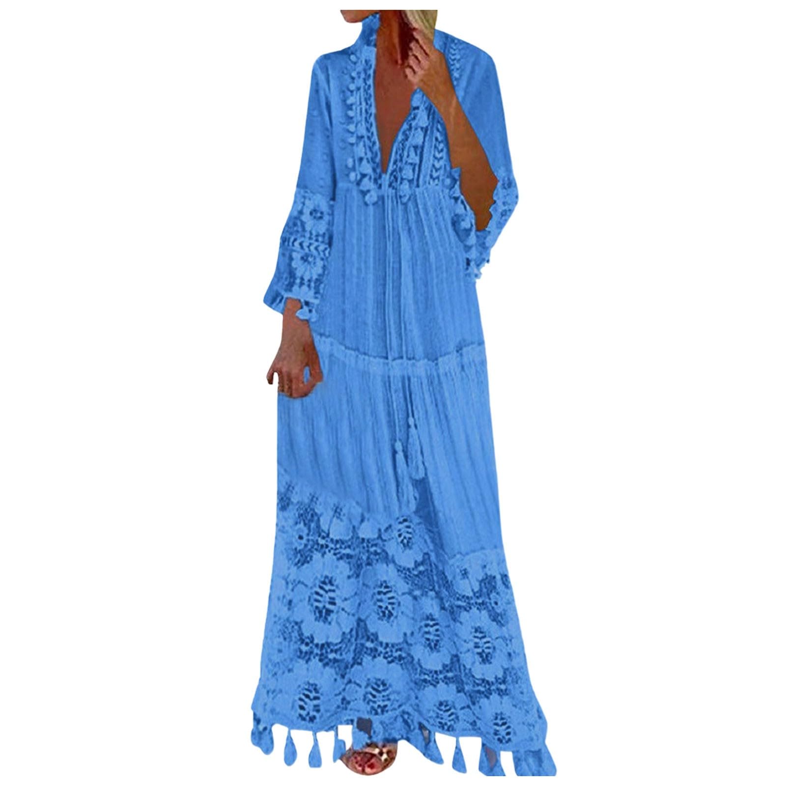 Generisch Abito da donna con maniche a 3/4, in pizzo, con scollo a V, stile bohémien, vintage, per feste, cocktail, vacanze, spiaggia, abito estivo