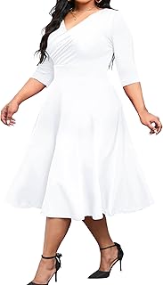 Women's Plus Size Midi Dress 3/4 Sleeve A-Line Swing Dress V Neck Flowy Casual Dresses - Buy now