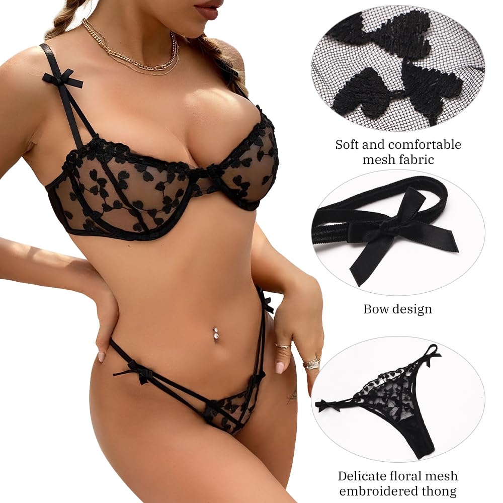 Conjunto de lencería Sexy de 2 Piezas para Mujer con Bordado Floral de corazón, Sujetador con Aros de Media Copa y Tanga, Sujetador Transparente de Malla para Mujer, Tanga a Juego, Bragas, Conjuntos