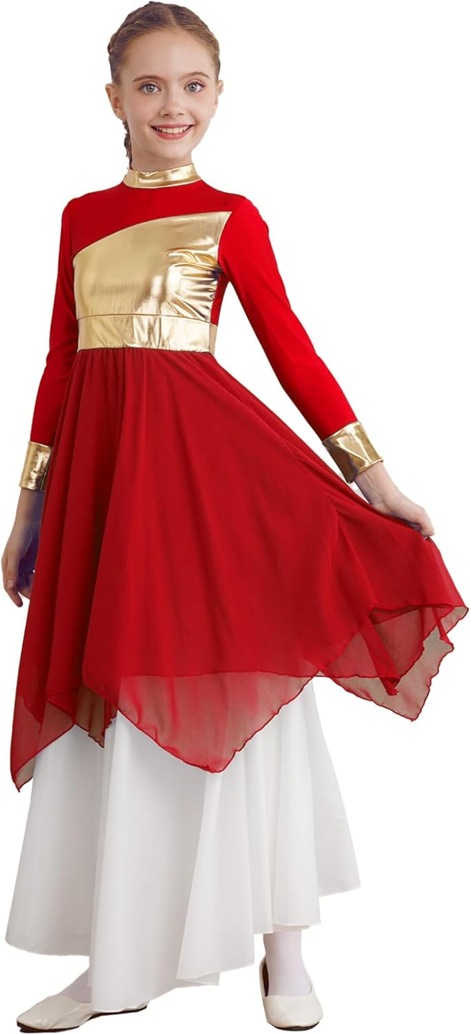 Girls Gold Metallic Color Block Long Sleeve Liturgical Praise Dance Dress Irregular Liturgical Worship Dancewear