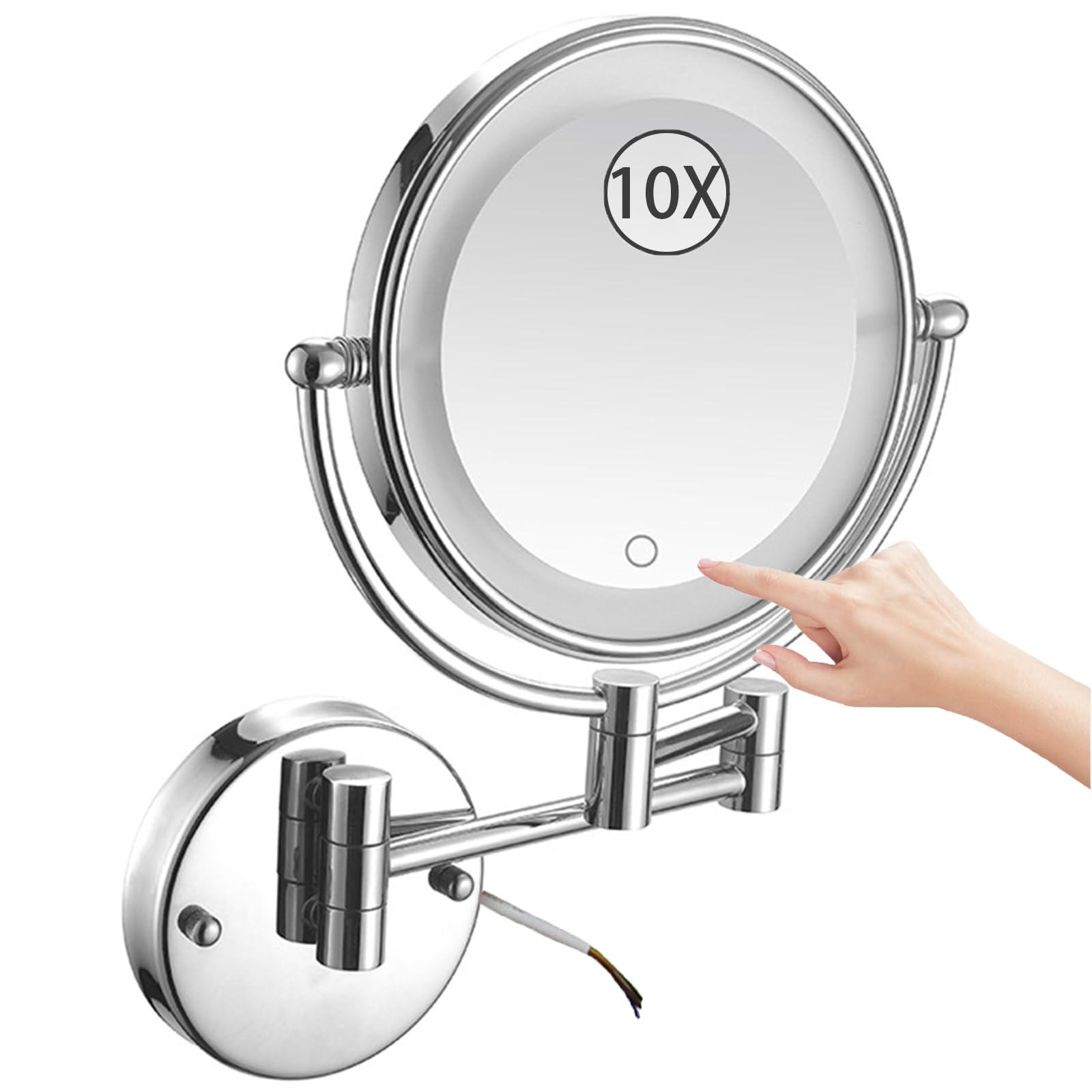 SXFSDOU 8" Wall Mounted Lighted Makeup Mirror, Stepless Dimming Hardwired Magnifying Vanity Extendable 360° Swivel LED Bathroom Mirror,Chrome,10X