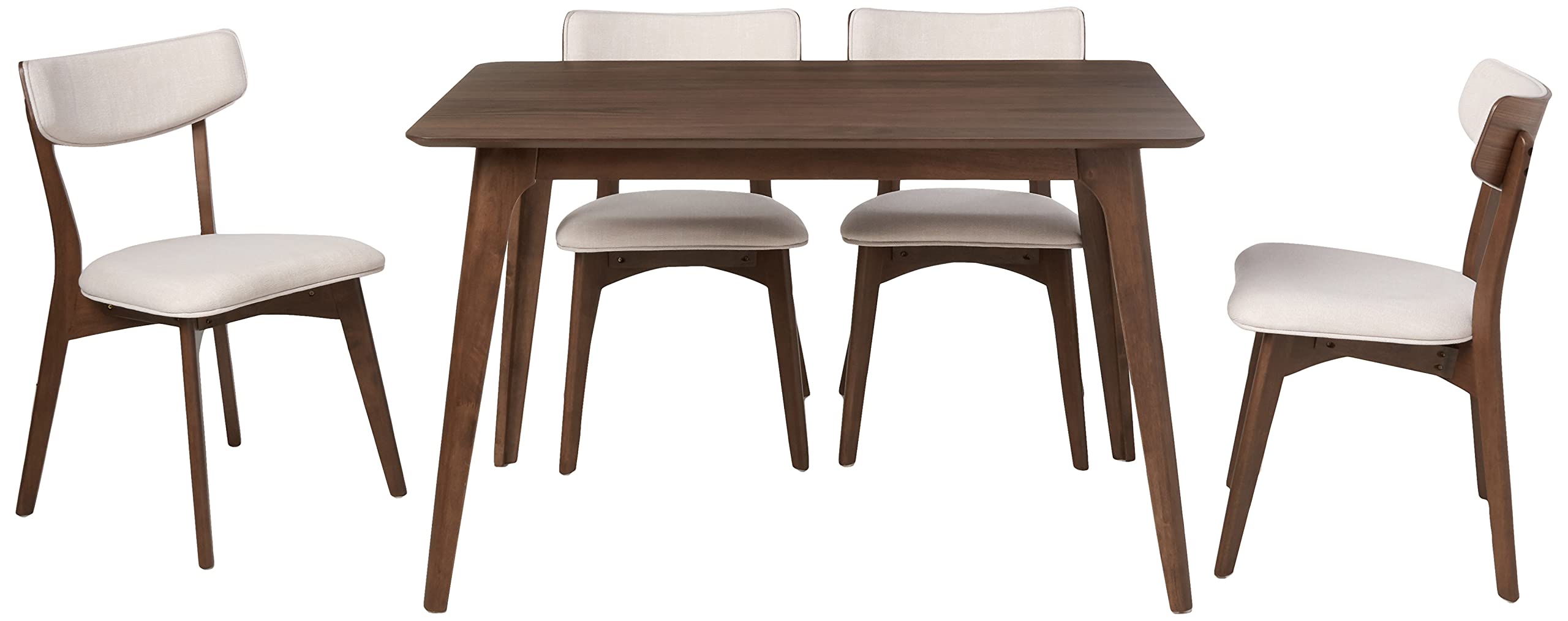 Christopher Knight Home Megann Mid-Century Wood Dining Set with Fabric Chairs, 5-Pcs Set, Natural Walnut / Light Beige