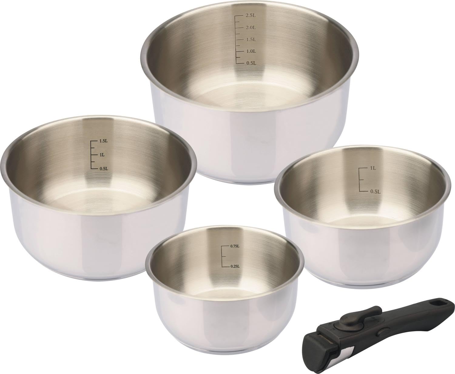 BAUMALU - Lot de 4 Casseroles Comète - Acier Inoxydable - Tous Feux dont Induction - Triple Fond Thermo Diffuseur - Manche Amovible - Intérieur Gradué - Ø14, 16, 18 et 20cm