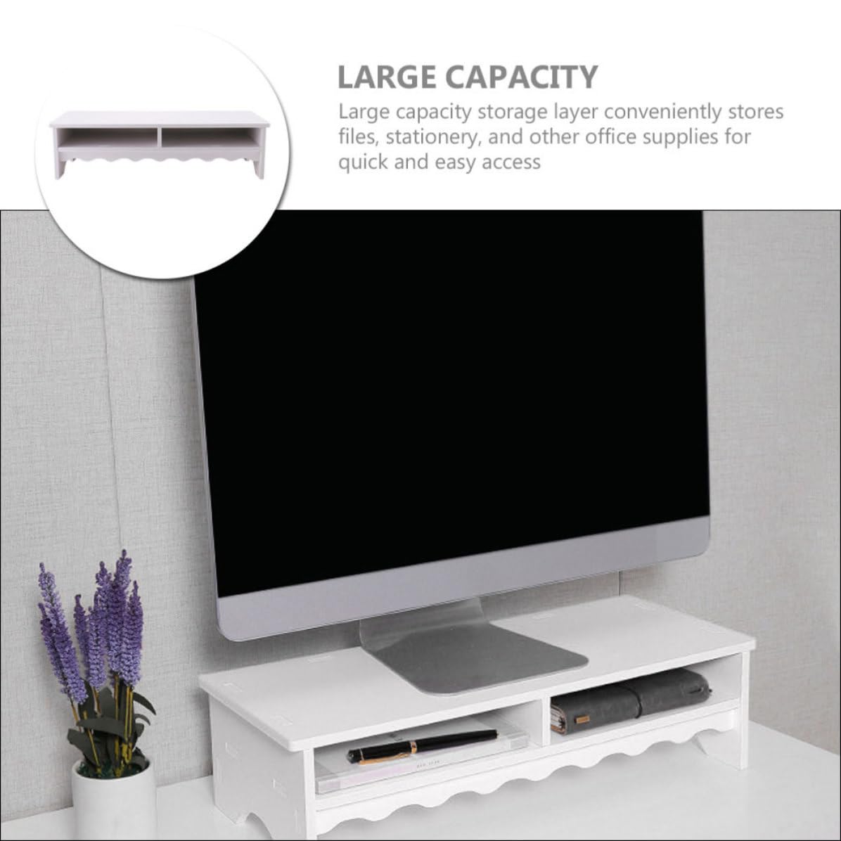 Supporto per Monitor da Tavolo Bianco con Ripiano Organizer | Composito Pvc Legno-plastica, Capienza Ampia, Uso Ufficio, Struttura Stabile per Impiego Prolungato