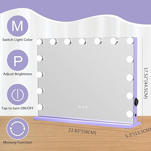 Miniatura 2 de HOMPEN Espejo de maquillaje con luces, espejo de tocador grande iluminado Hollywood con 15 bombillas LED regulables, 3 modos de color, control