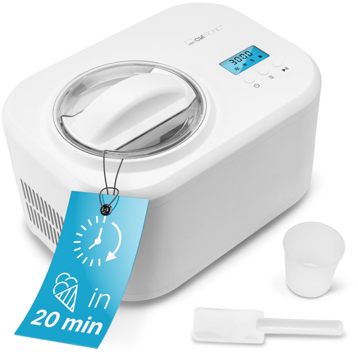 Clatronic® Eismaschine und Joghurtbereiter | Eis in 20 min. | für bis zu 1000ml | Eismaschine mit Kompressor | für Eis & Frozen Joghurt | Inkl. Rezeptvorschläge, Spachtel und Messbecher | ICM 3799