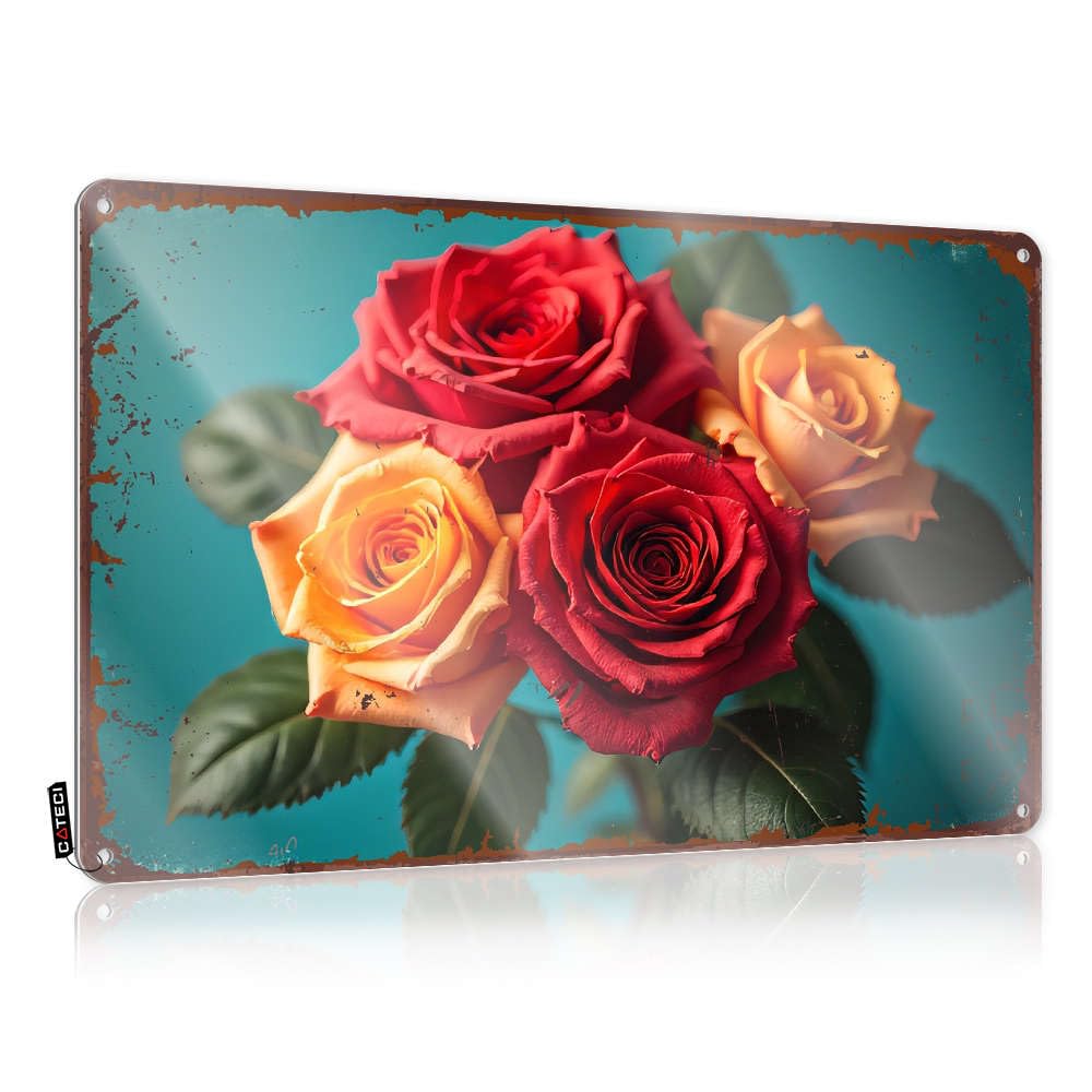 Sujd Colour A Vibrant Bouquet Of Roses In Red, Orange, And Yellow. Tin House Hanging | Sleek Poster Gift For Boyfriend Vintage Metal Wall Decor(30X40cm)