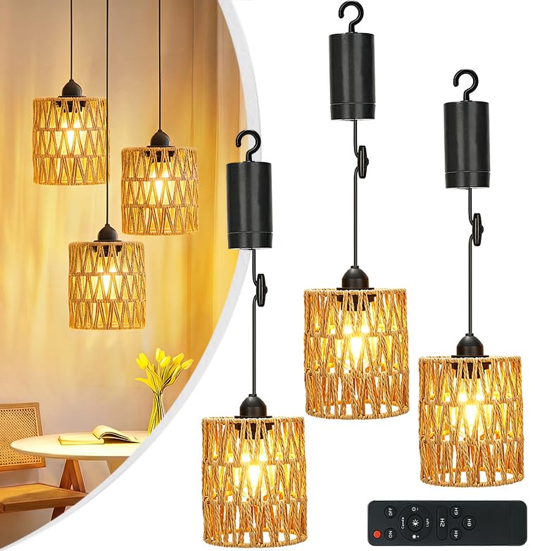 3 Pack Rattan Pendant Lights,Battery Operated Pendant Light for Dining Room
