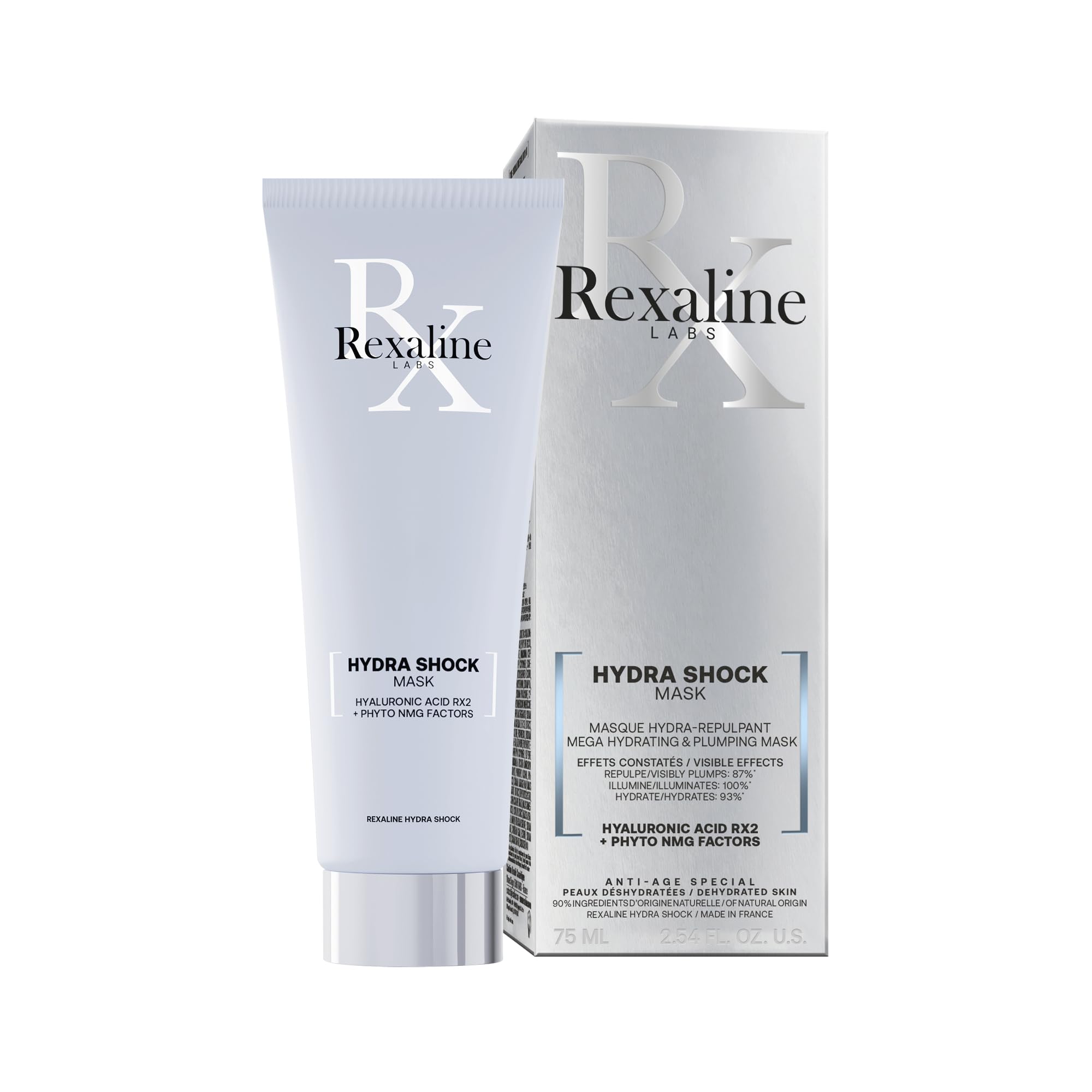 Rexaline Hydra Shock Mask – Masque Repulpant & Hydratant Intense – Acide Hyaluronique RX2, Camomille & Vitamine E – Teint Éclatant & Peau Lissée – Tous Types de Peaux – 75ml