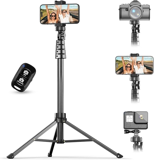 UBeesize 62" Phone Tripod & Selfie Stick with Wireless Remote and Phone Holder, Compatible with iPhone and Android for Selfies, Video Recording, and Live Streaming(Black)