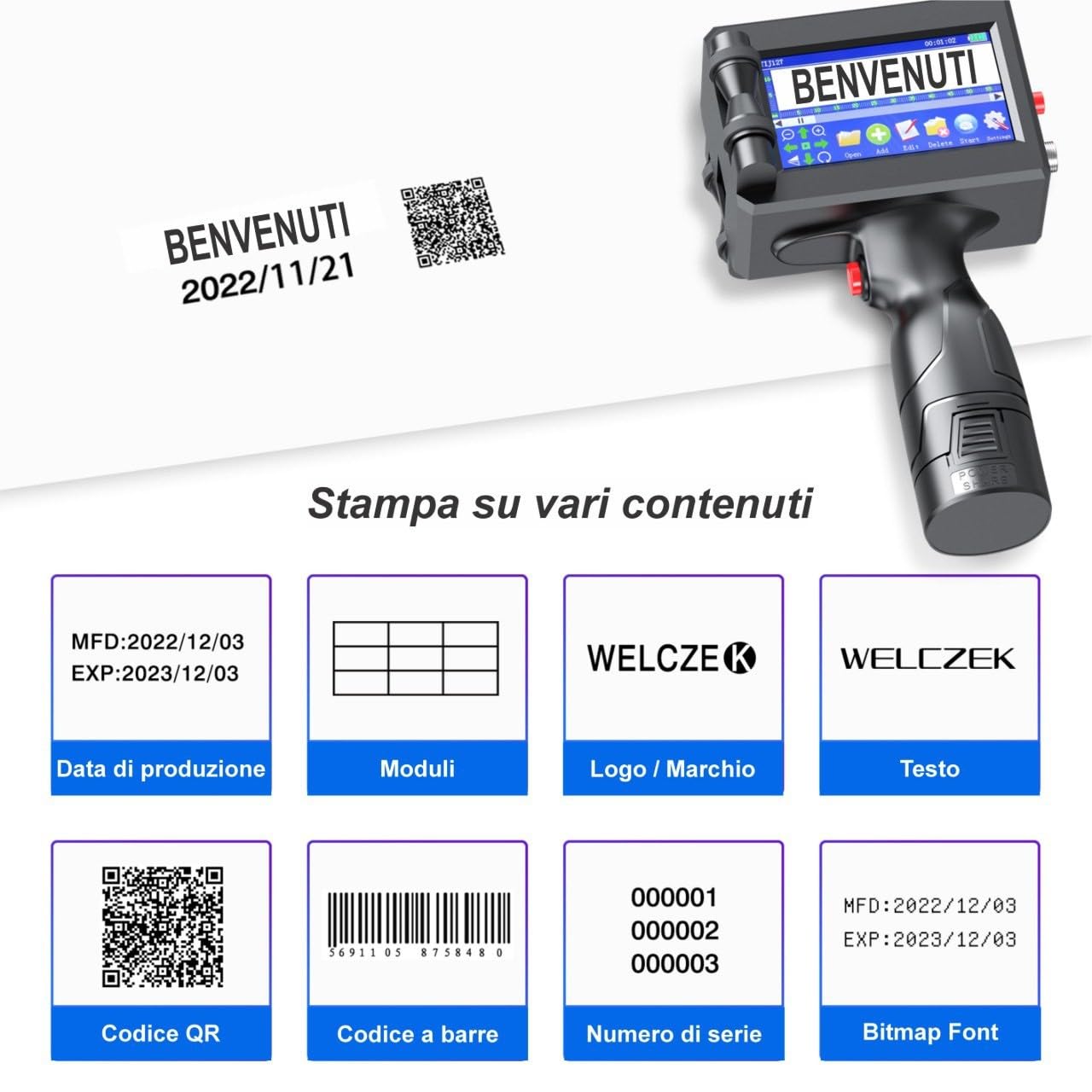 Agendepoint.it TIJ127 Stampante Palmare Portatile a Getto D'inchiostro Touch 4,3 Pollici per Logo Immagine Codice a Barre