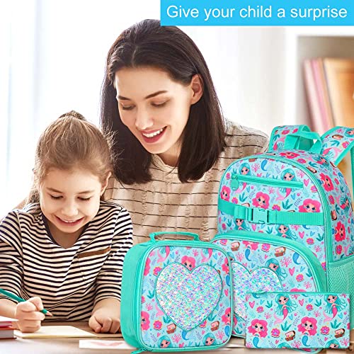 Ftjcf 3Pcs Mermaid Backpack, 16" Kids Sequins Bookbag For Girls With Lunch Box, Elementary Preschool Kindergarten School Bag Set - Green #TOP5